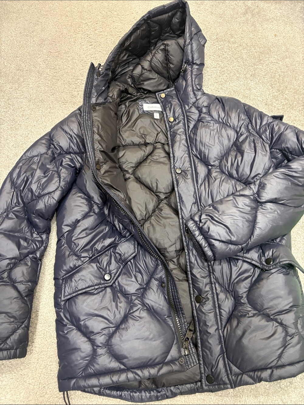 Calvin Klein Dark Navy Quilted Hooded Puffer Coat